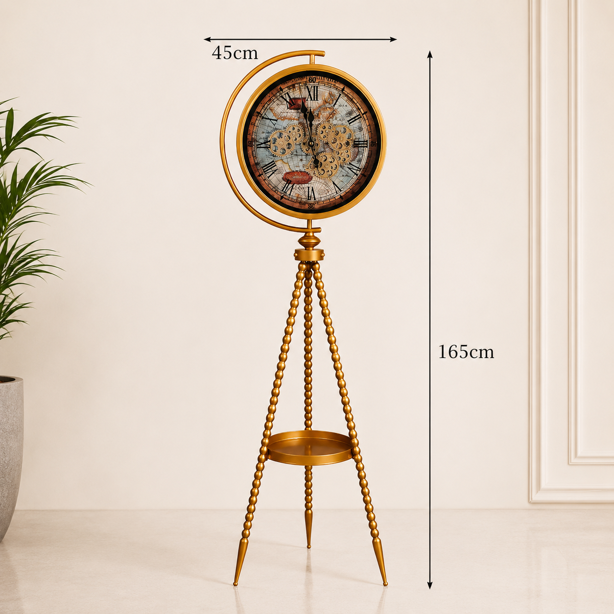 Vintage Gear Floor Clock with Tripod Stand – Antique Gold Finish