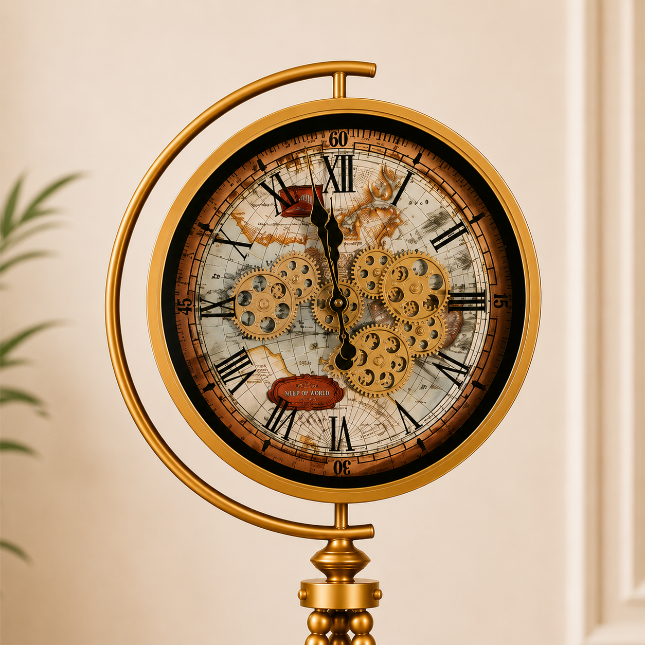 Vintage Gear Floor Clock with Tripod Stand – Antique Gold Finish