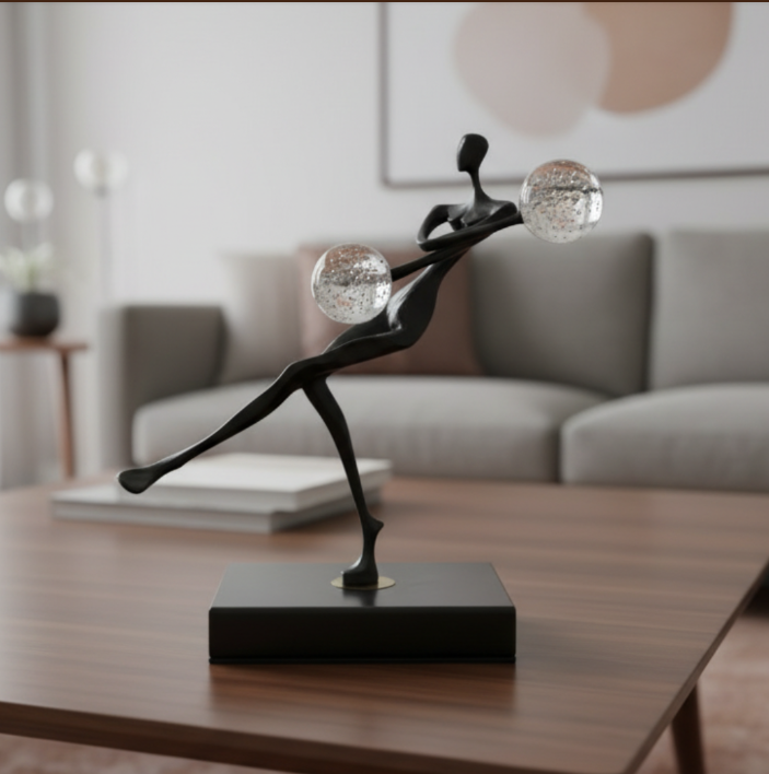 Abstract Balancing Dancer Polyresin Showpiece with Dual Crystal Globe Accents