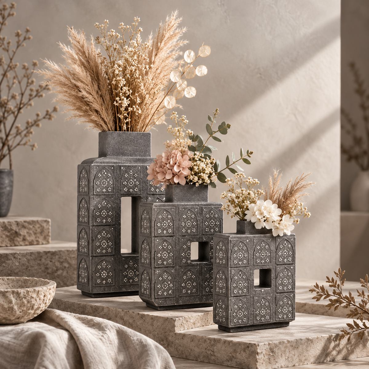 Architectural Jali-Design Polyresin Vase in Antique Silver