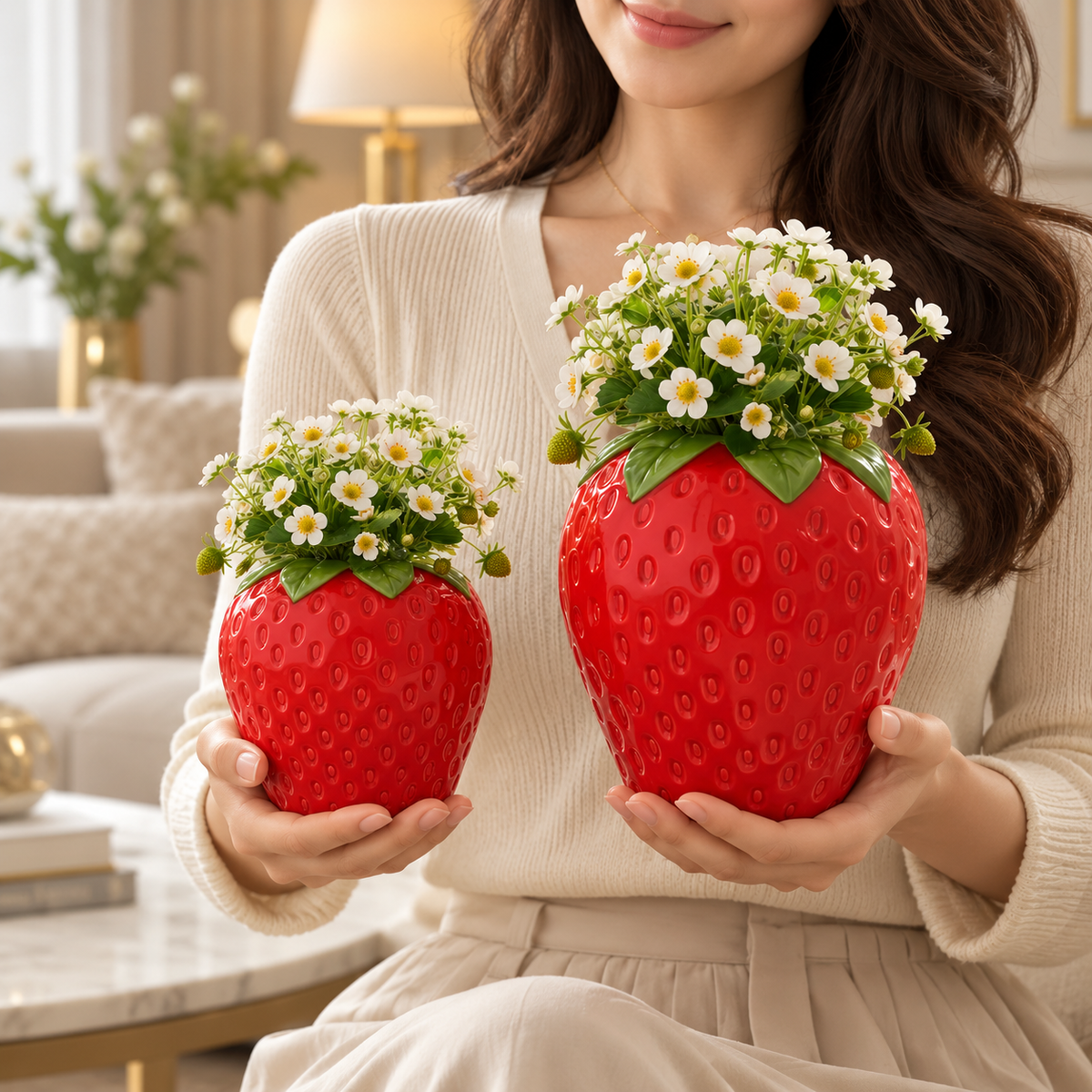 Red Strawberry-Shaped Ceramic Flower Vases – Set of 2