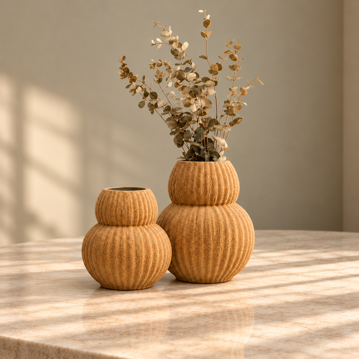 Ribbed Curved Ceramic Vases in Warm Beige