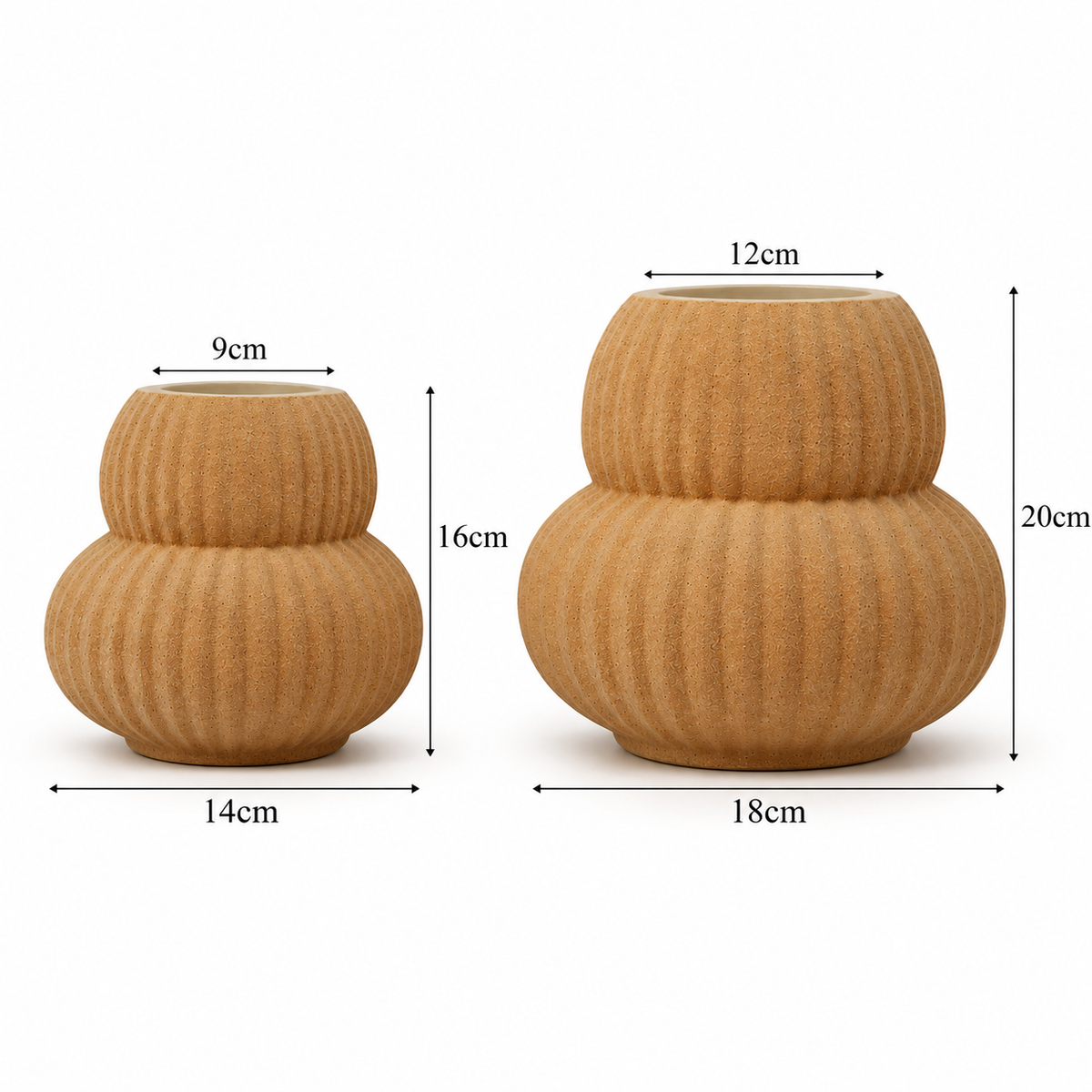 Ribbed Curved Ceramic Vases in Warm Beige