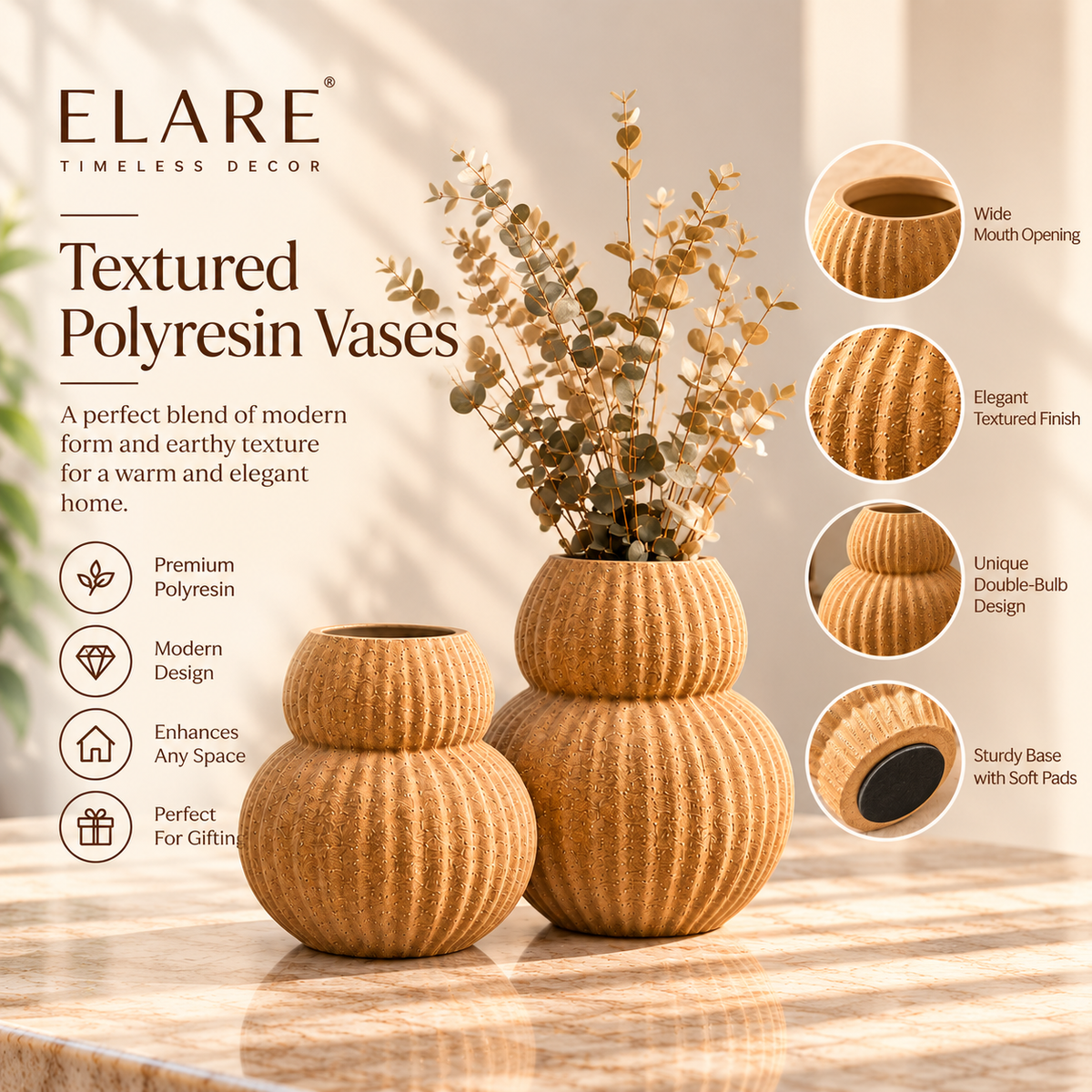 Ribbed Curved Ceramic Vases in Warm Beige
