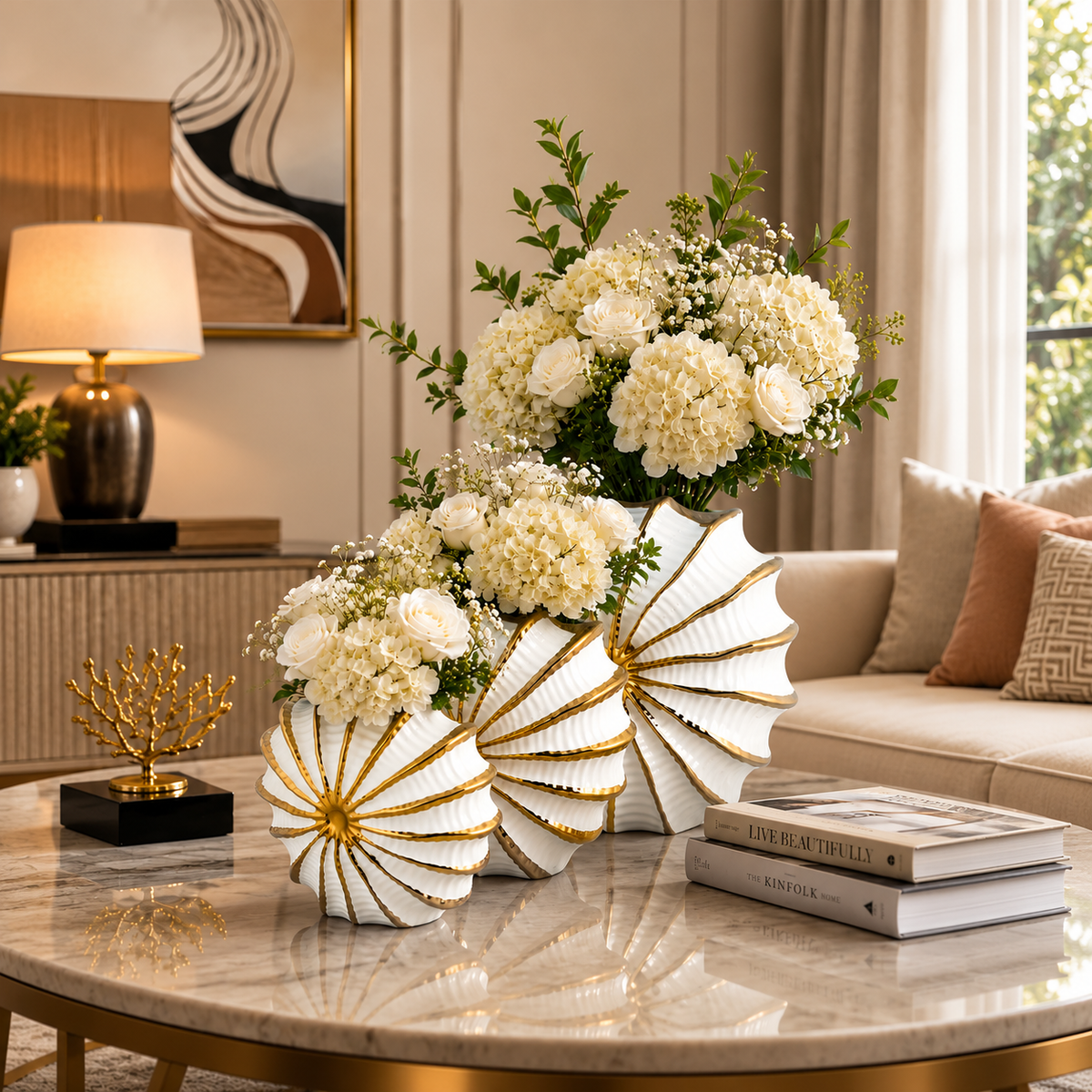 White And Gold Fan-Shaped Ceramic Flower Vase Set Of 3