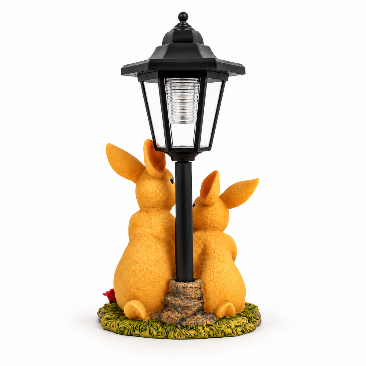 Rabbit Family Storytime Sculpture with Floral Base & Lantern – Polyresin Sensor Night-Light