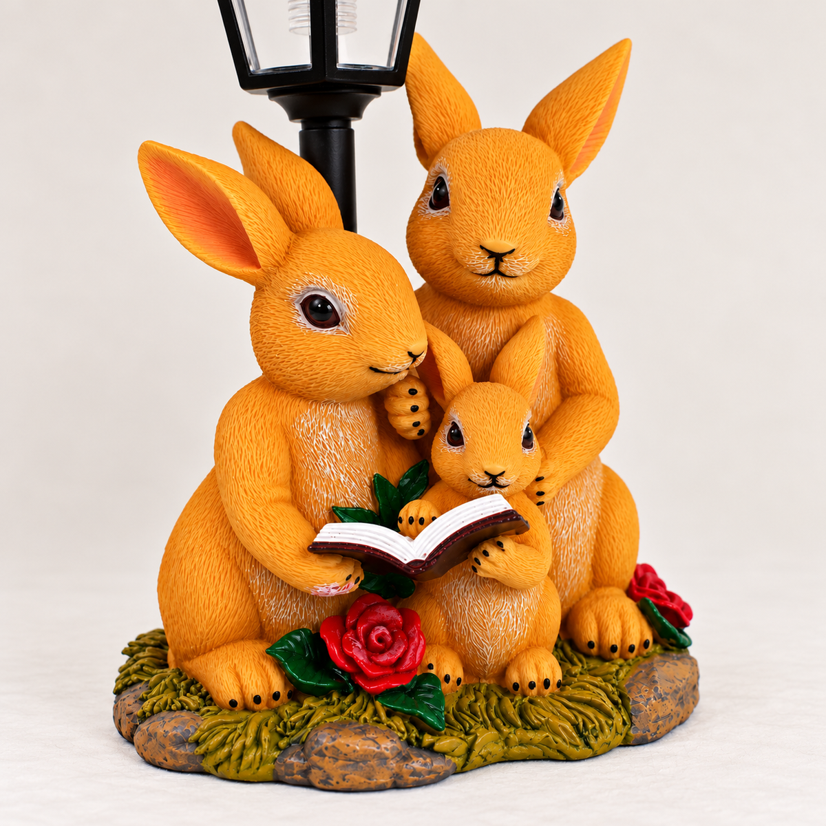 Rabbit Family Storytime Sculpture with Floral Base & Lantern – Polyresin Sensor Night-Light