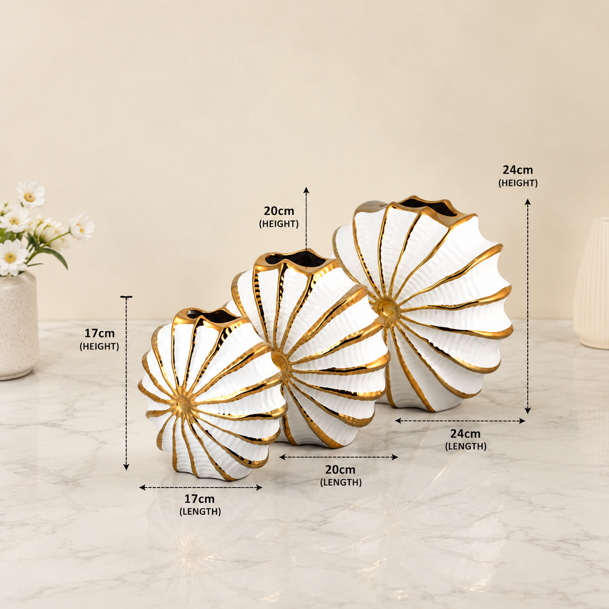 White And Gold Fan-Shaped Ceramic Flower Vase Set Of 3