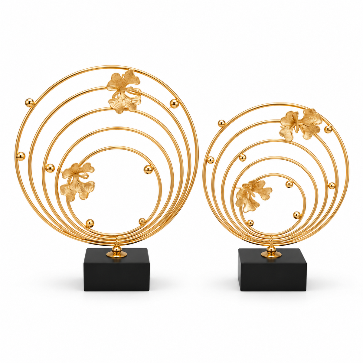 Golden Floral Circular Metal Showpiece Set of 2 with Black Base