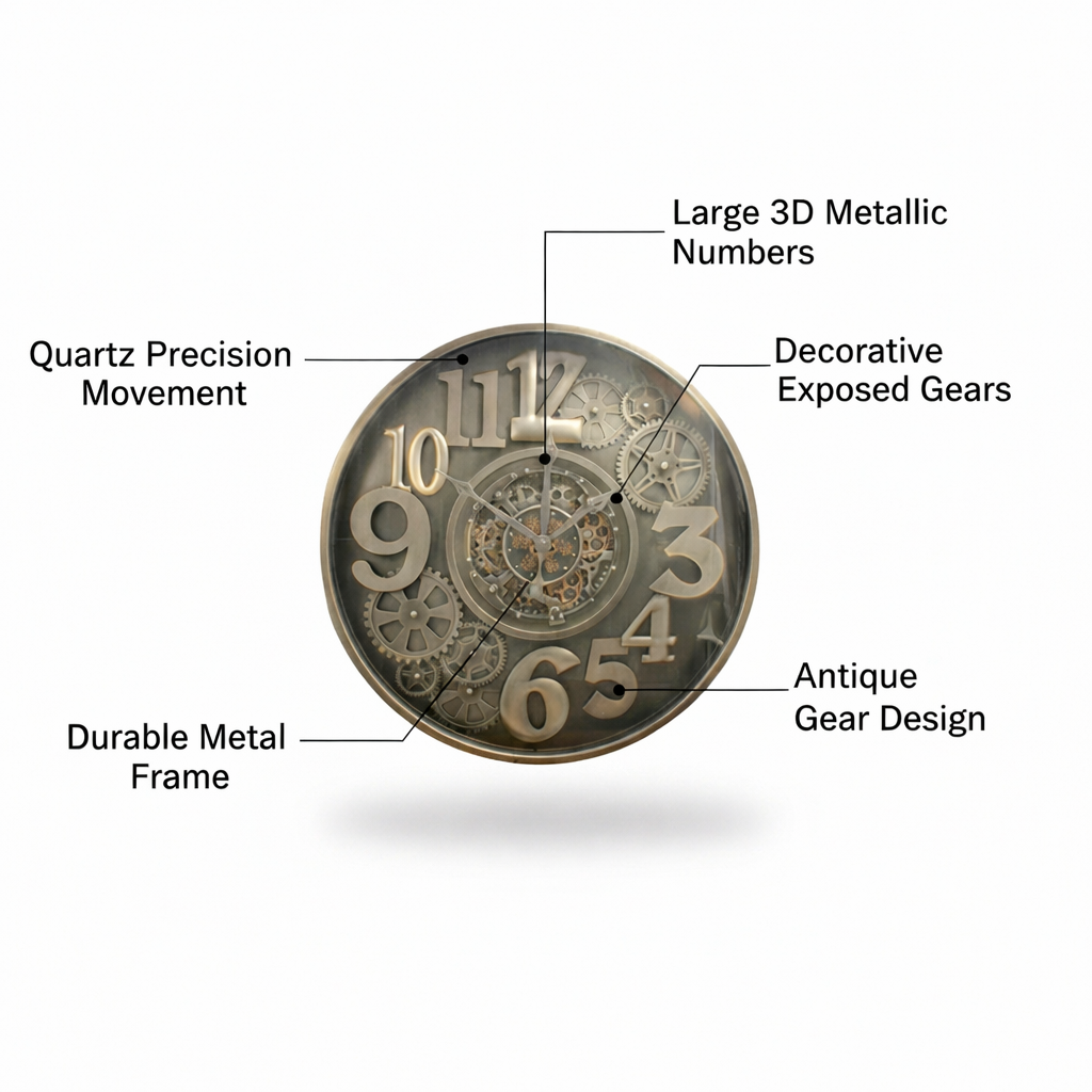 Steampunk Metal Wall Clock with 3D Numbers