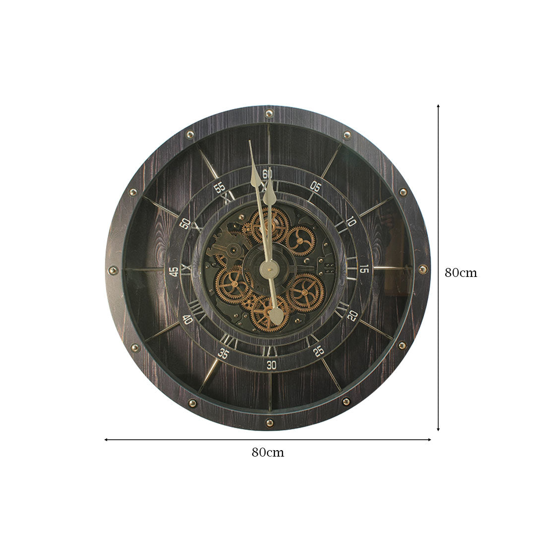 Vintage Moving Gear Wall Clock in Wooden Frame