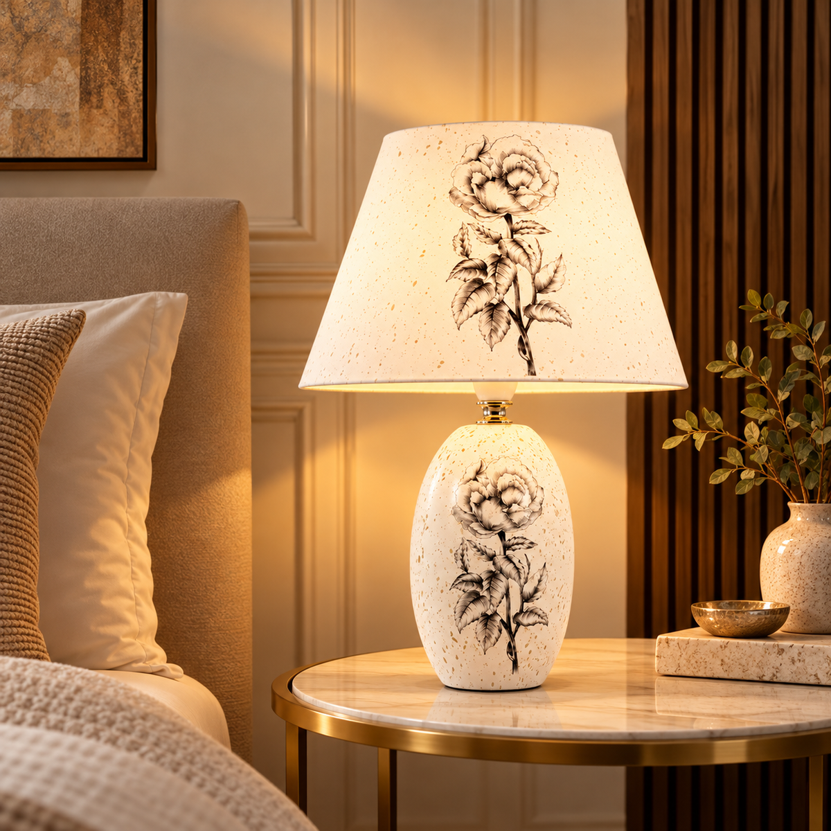 Elare Blossom Table Lamp in White Color Taper Print Shade