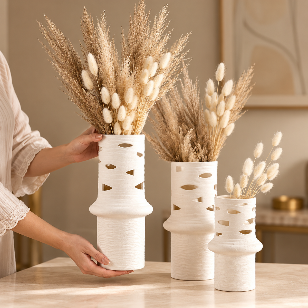 Sculptural Cutwork White Ceramic Flower Vases Set