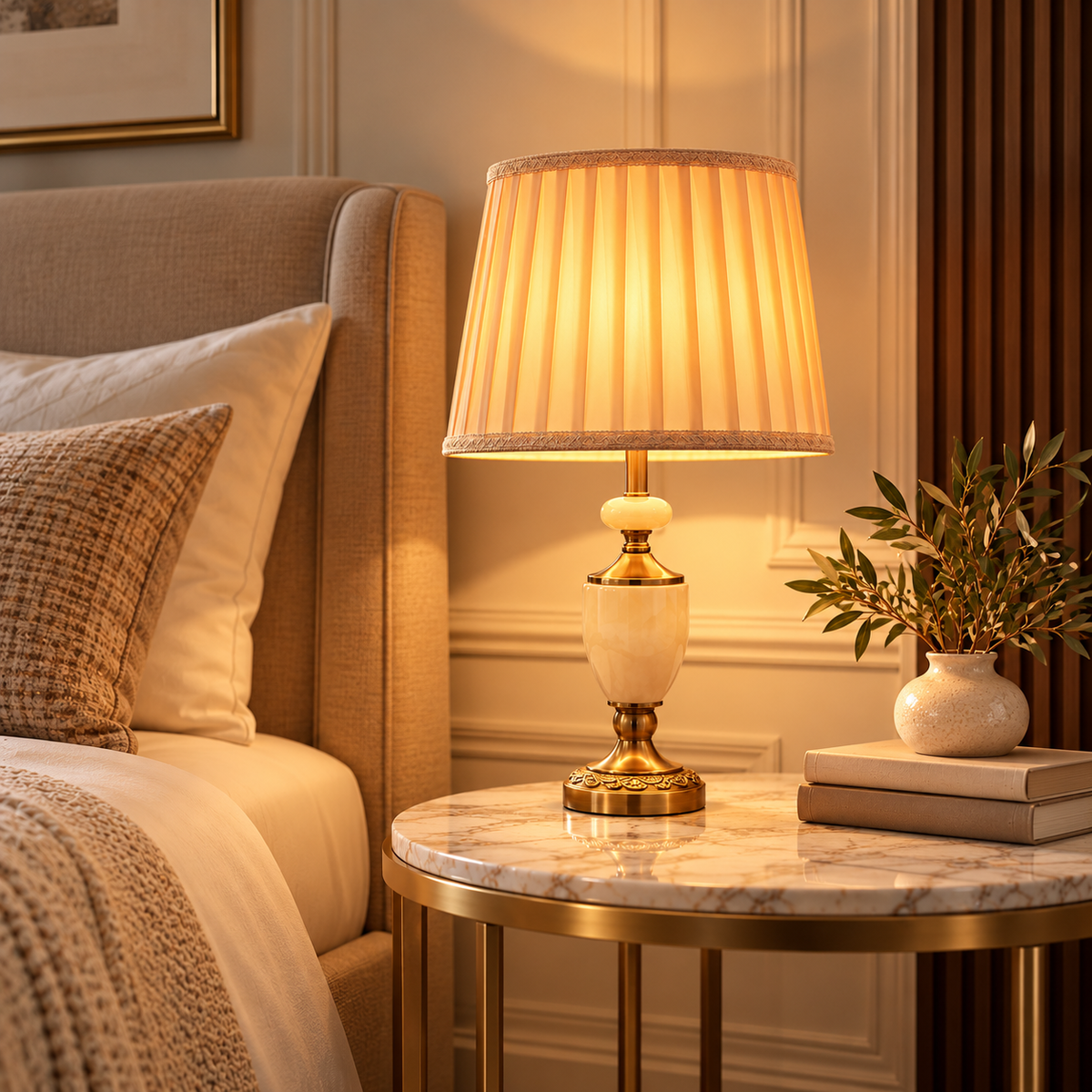 Antique Brass Table Lamp with Pleated Shade