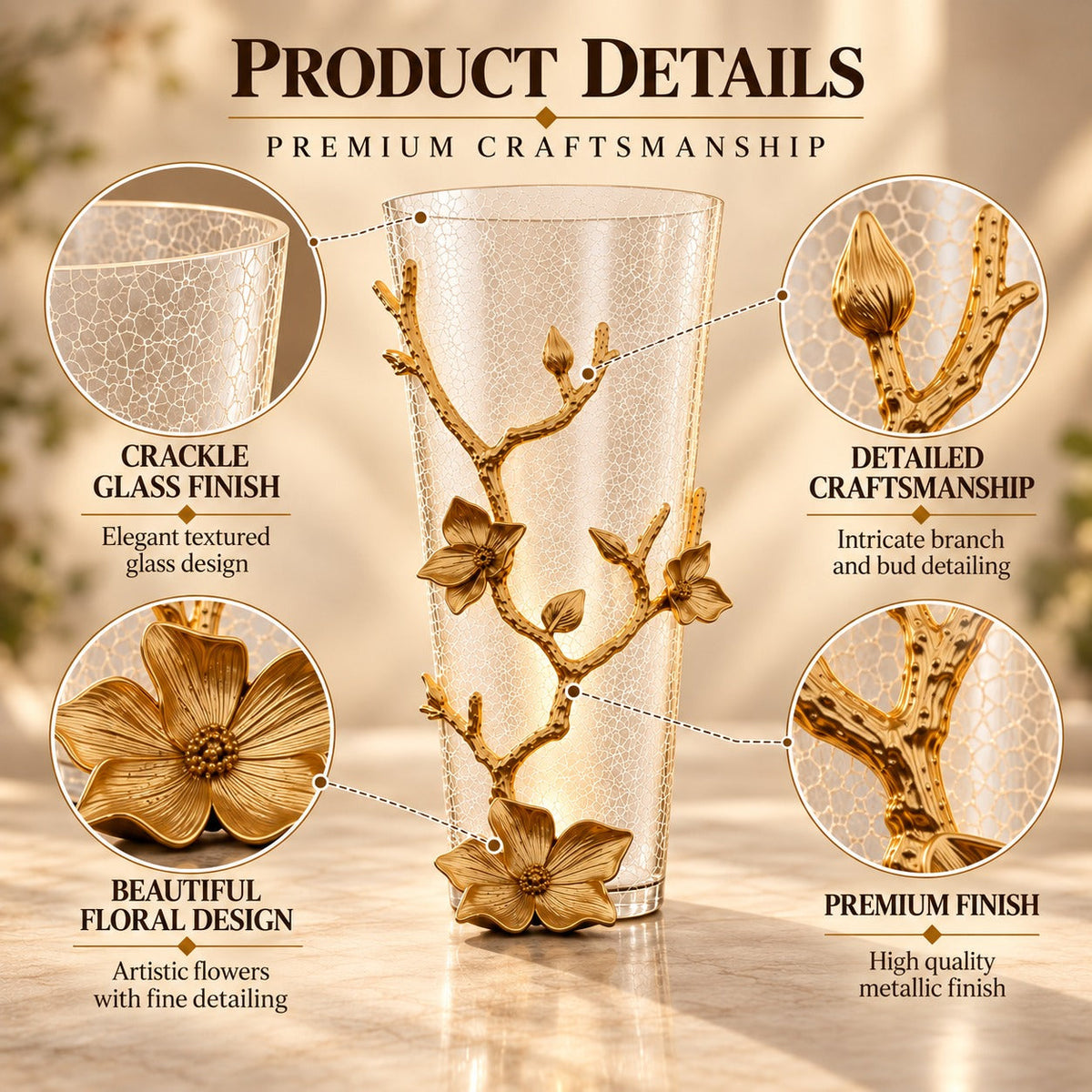 Gold Floral Glass Vase