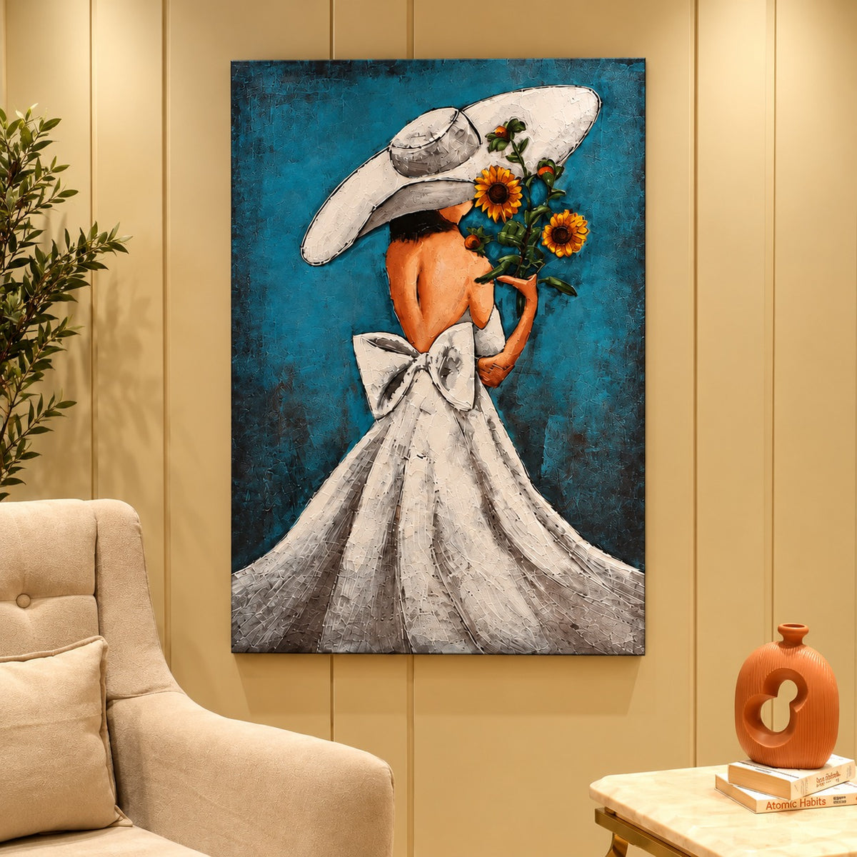 Elegant Lady with Sunflowers 3D Metal Wall Art – 100 × 80 cm