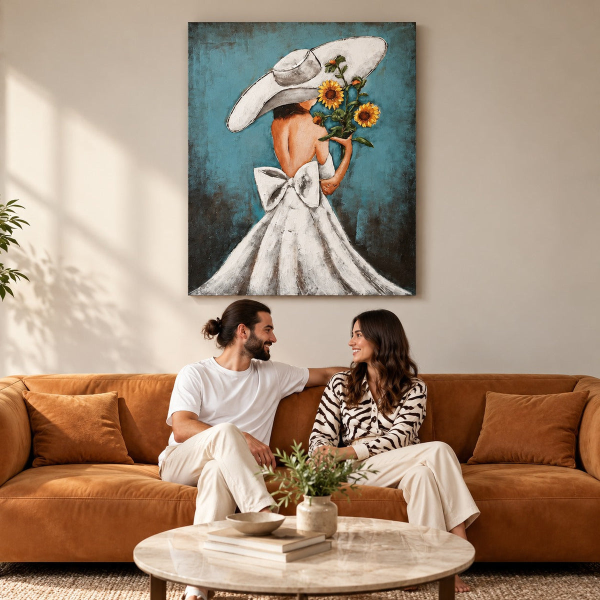 Elegant Lady with Sunflowers 3D Metal Wall Art – 100 × 80 cm