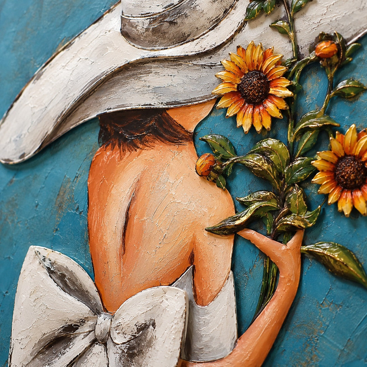 Elegant Lady with Sunflowers 3D Metal Wall Art – 100 × 80 cm