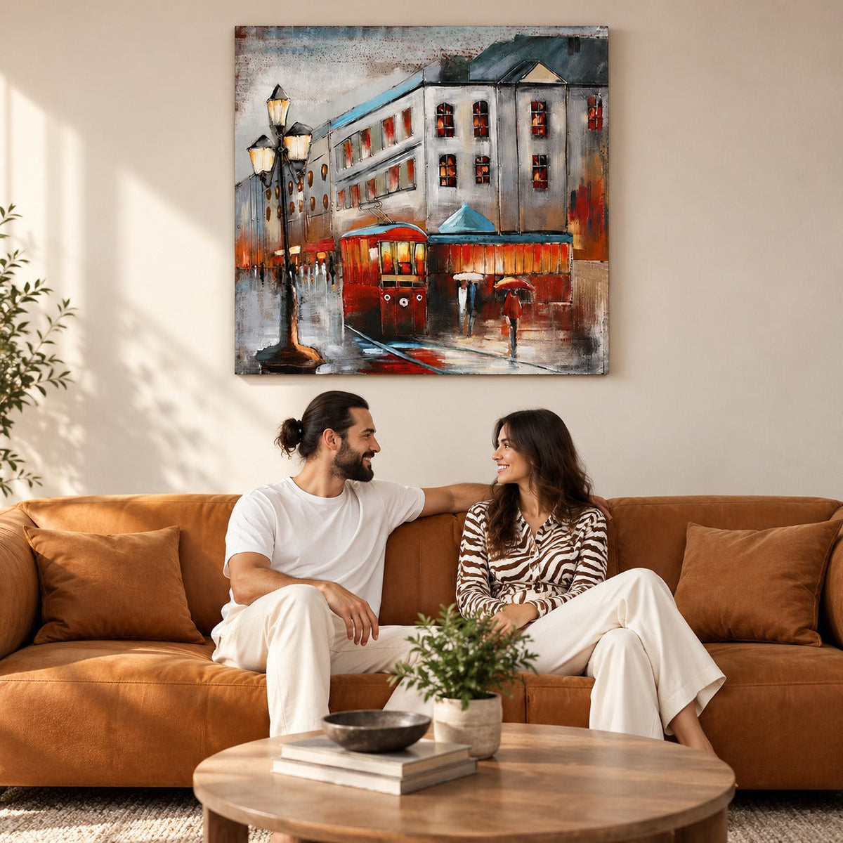 Rainy City Tram Large 3D Metal Wall Art – 100 × 100 cm