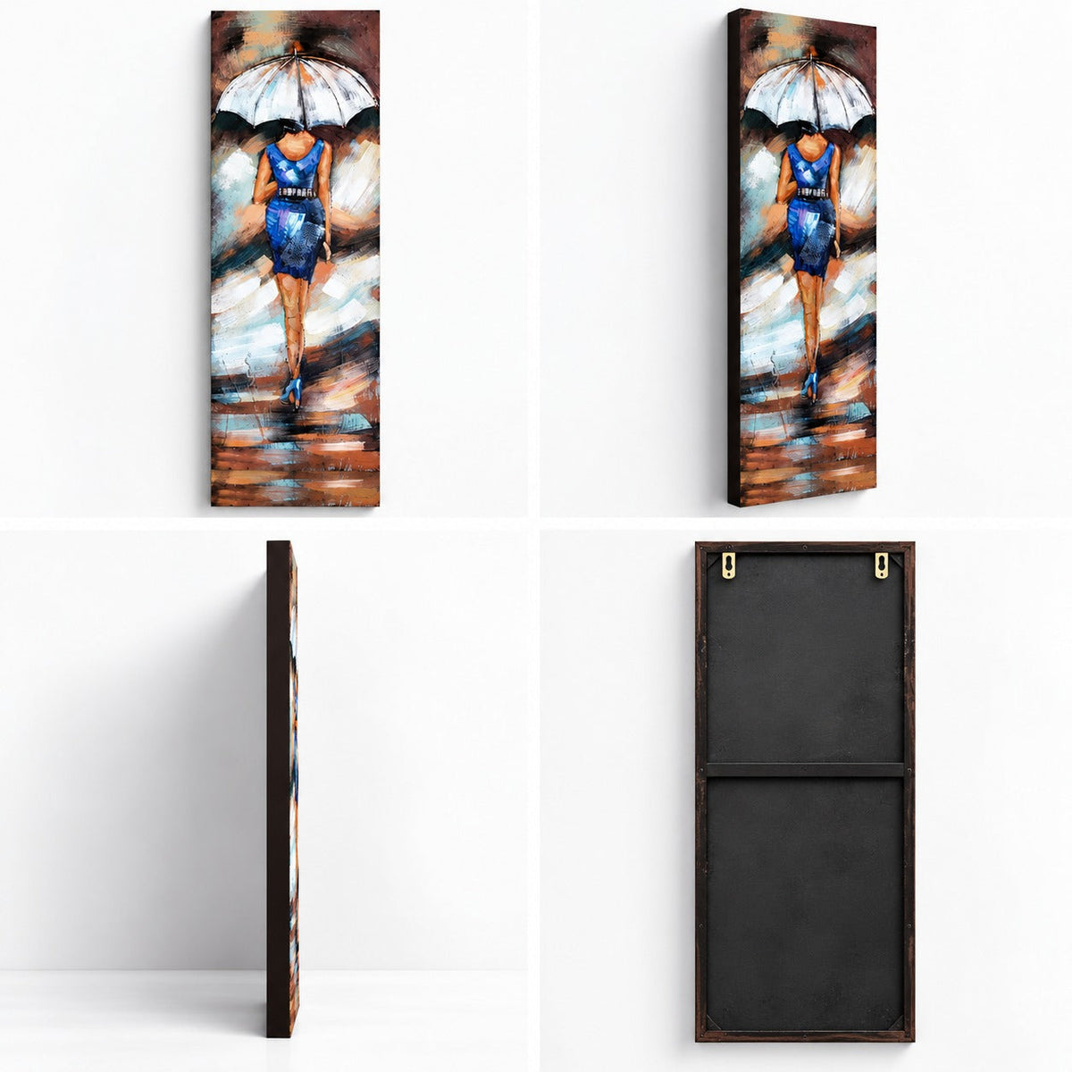 Abstract Woman with Umbrella Large Metal Wall Art – Blue (150 × 50 cm)