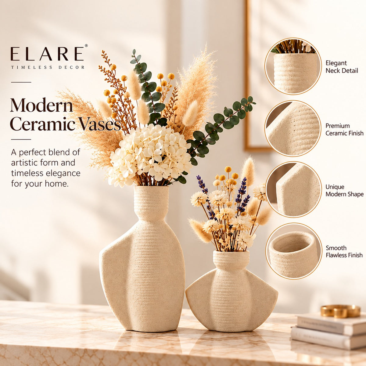 Asymmetrical Sculptural Ceramic Vases in Ivory Beige Color