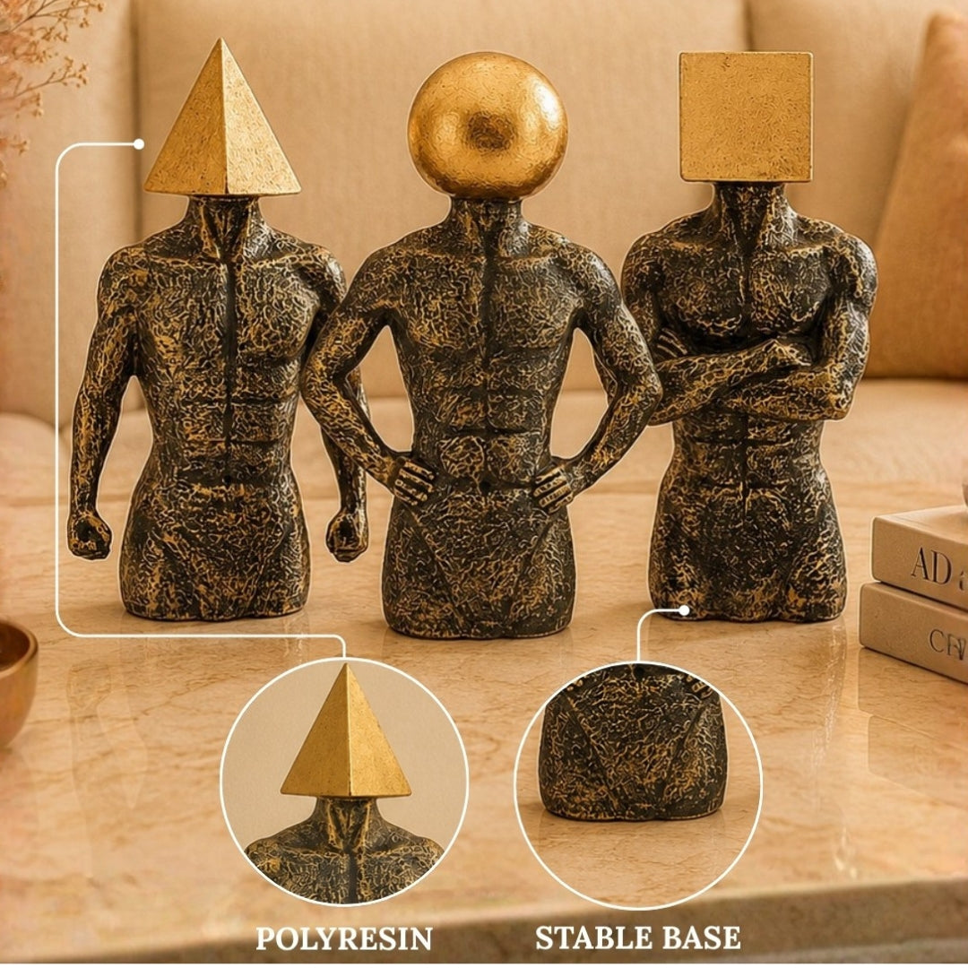 Modern Abstract Human Sculpture Set of 3 | Square Head, Round Head & Pyramid Head Geometric Figurines