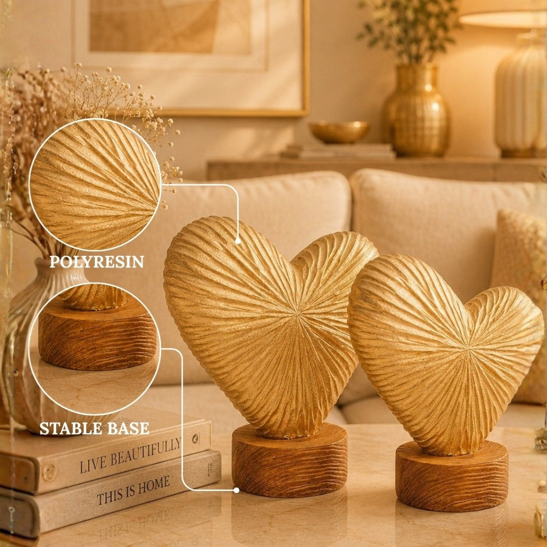 Golden Heart Harmony Showpiece Set of 2 Polyresin Made
