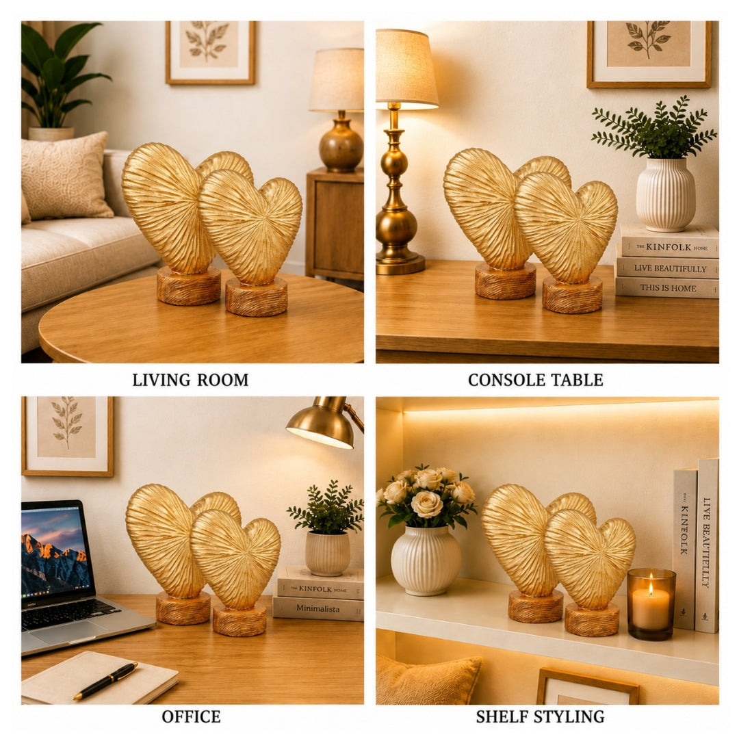 Golden Heart Harmony Showpiece Set of 2 Polyresin Made