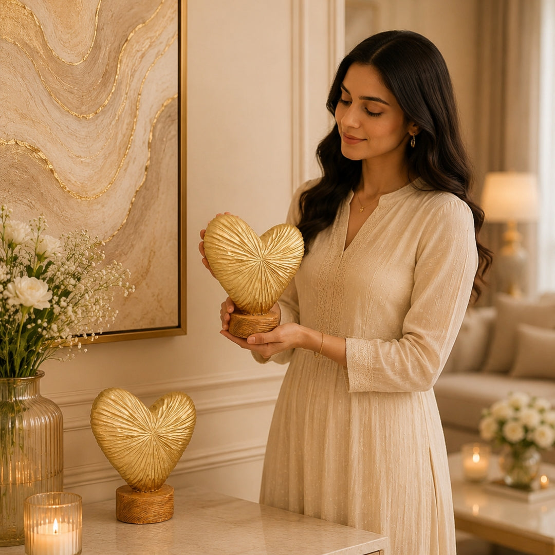 Golden Heart Harmony Showpiece Set of 2 Polyresin Made