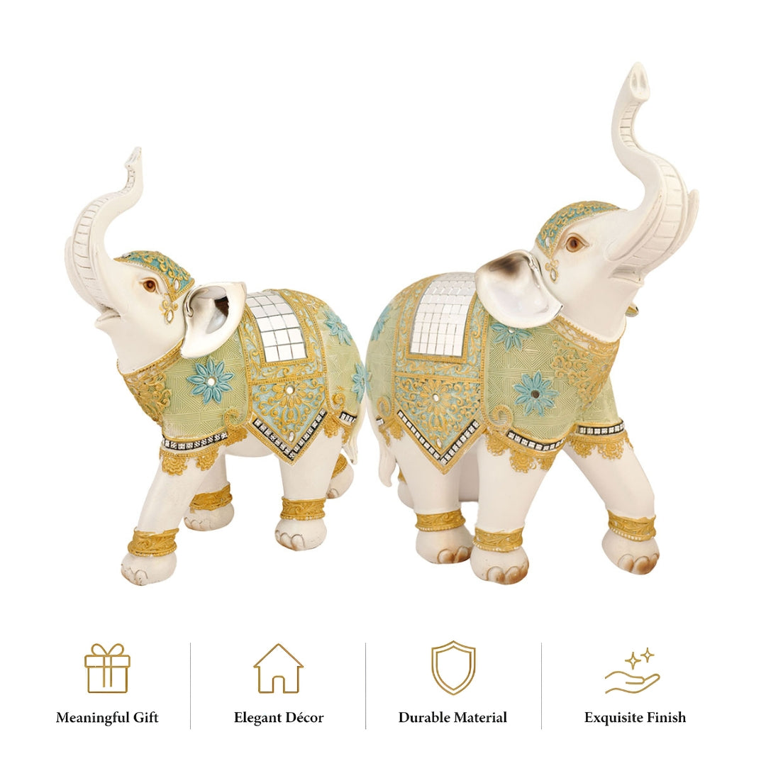 Royal White Elephant Showpiece Set of 2 for Home Decor Living Room, Polyresin Decorative Elephant Figurines