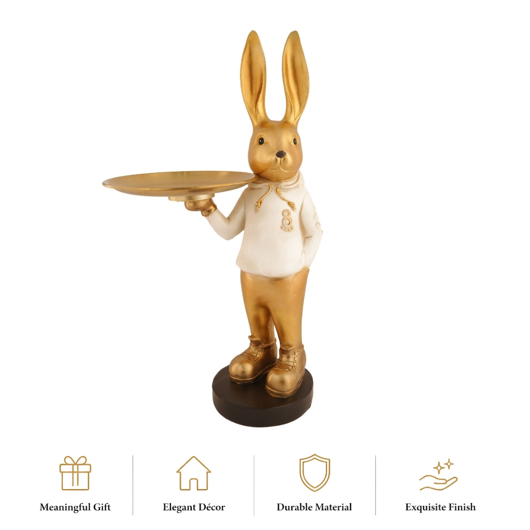 Rabbit Tray Showpiece with Metal Platter for Home Decor & Keys