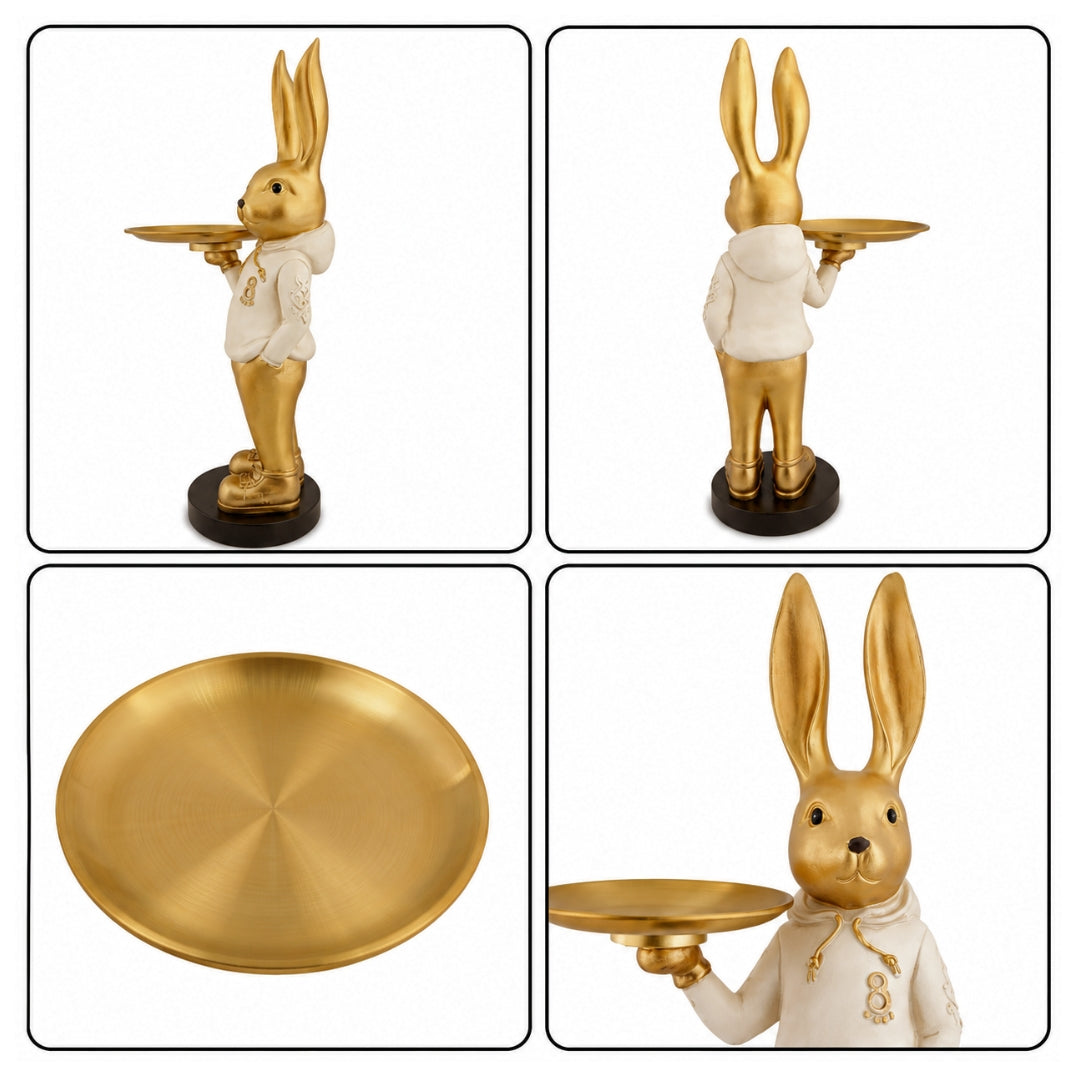 Rabbit Tray Showpiece with Metal Platter for Home Decor & Keys