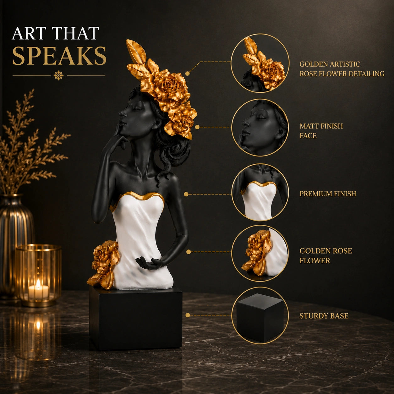 Golden Rose Lady Figurine Showpiece