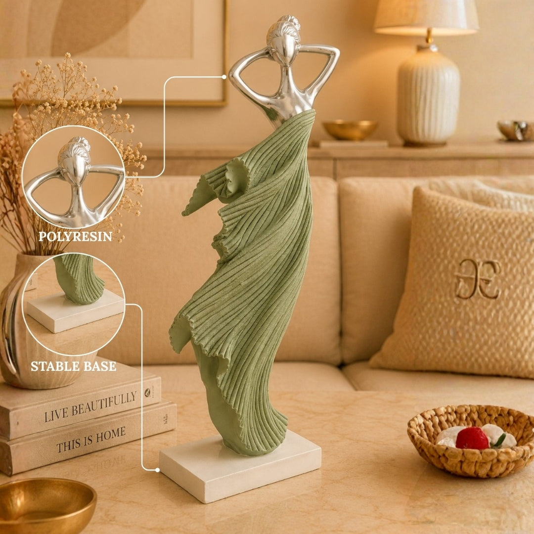 Graceful Dancer Polyresin Showpiece – Sage Green & Silver, 38 CM