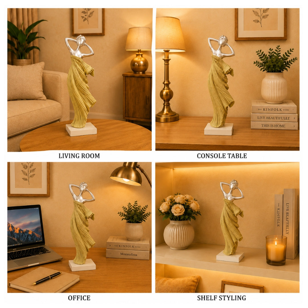 Graceful Dancer Polyresin Showpiece – Sage Green & Silver, 38 CM
