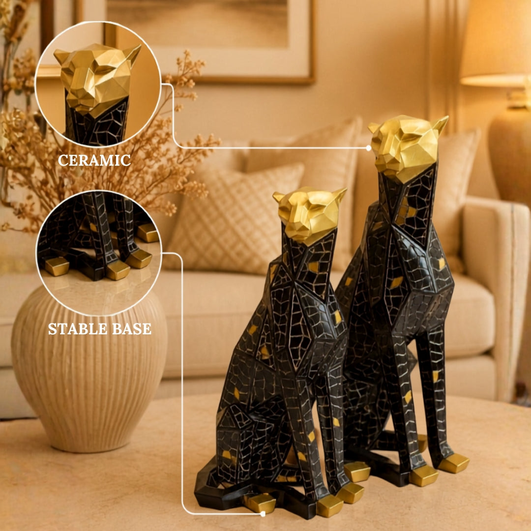 Geometric Panther Figurine Set of 2, Black and Gold, Polyresin, Modern Luxury Animal