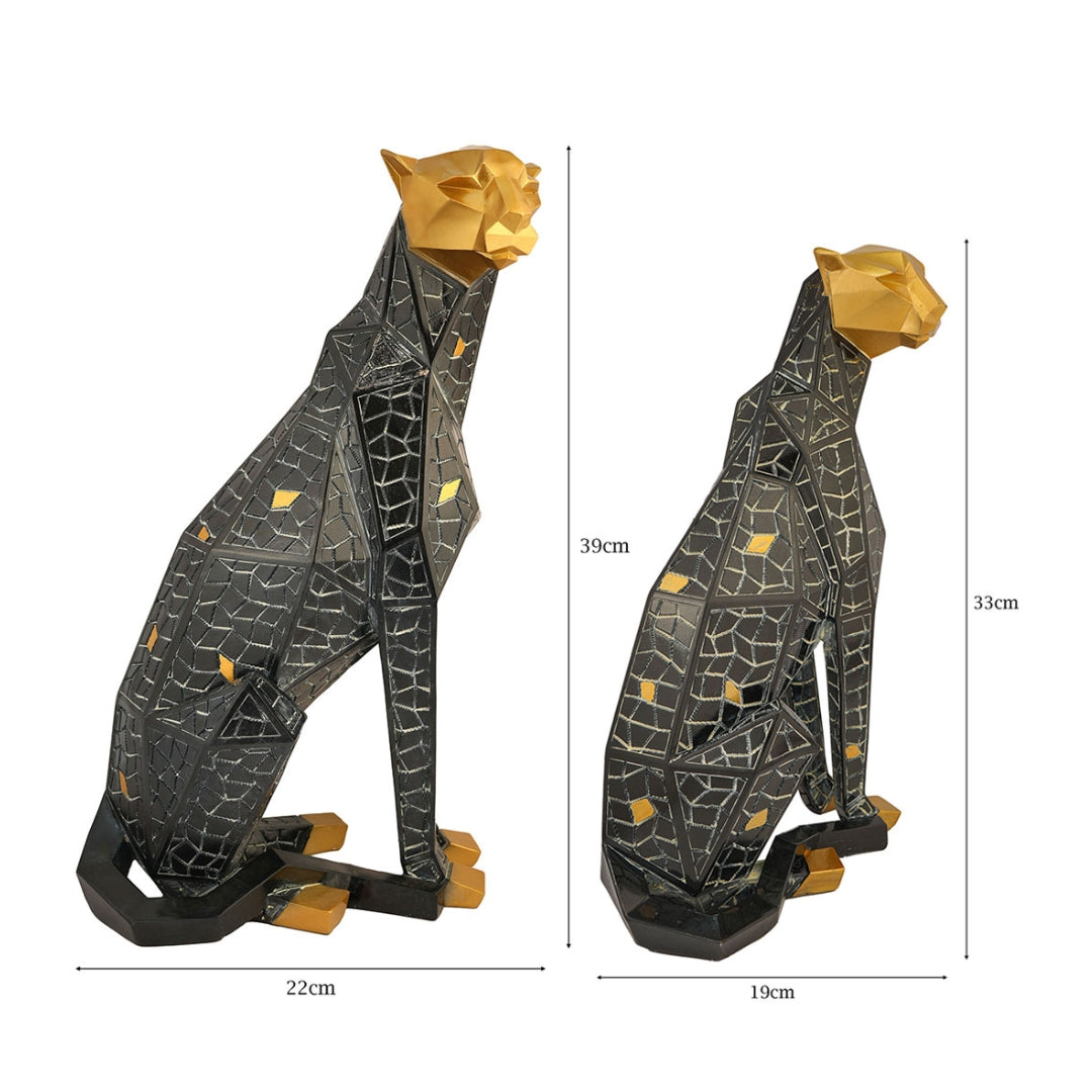Geometric Panther Figurine Set of 2, Black and Gold, Polyresin, Modern Luxury Animal