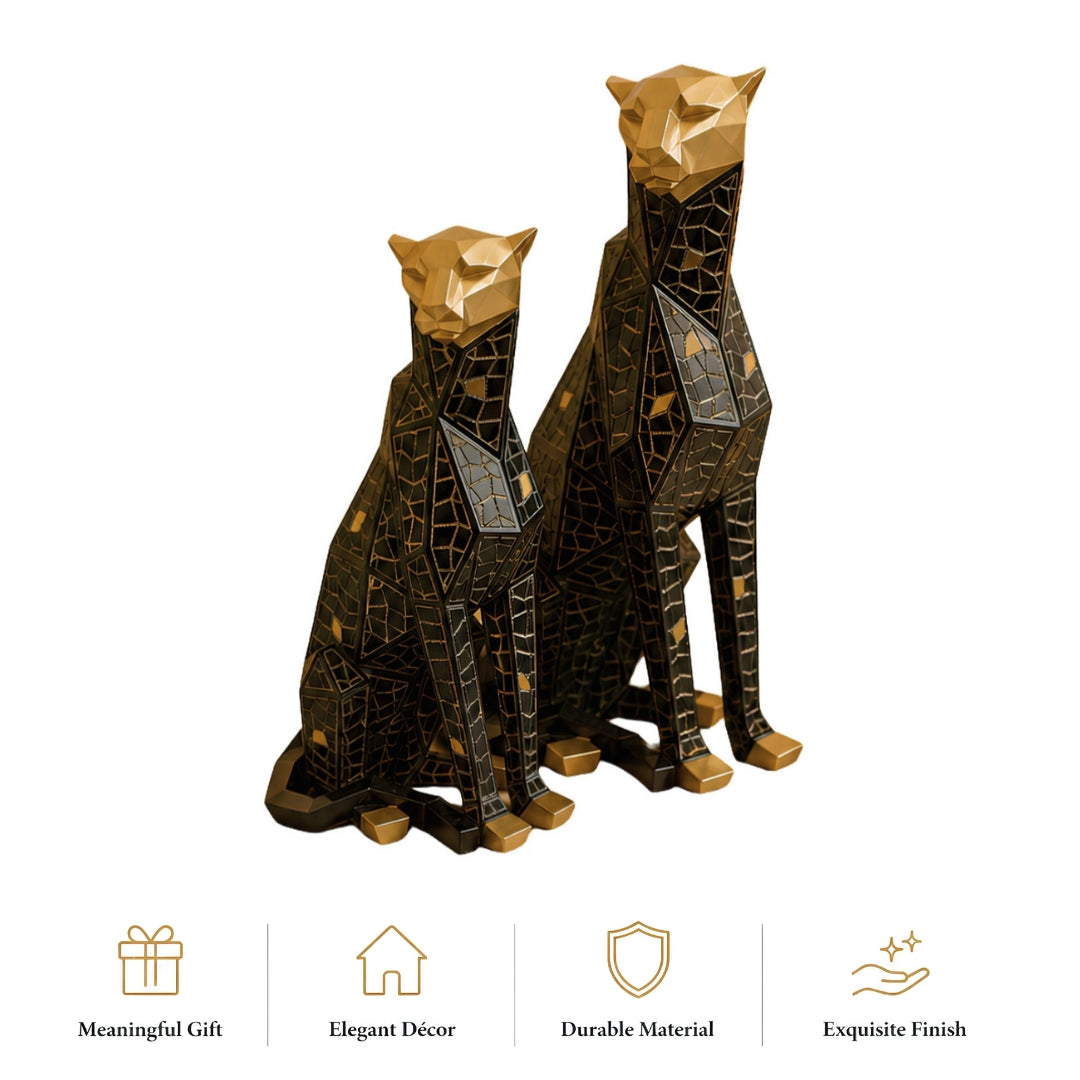 Geometric Panther Figurine Set of 2, Black and Gold, Polyresin, Modern Luxury Animal