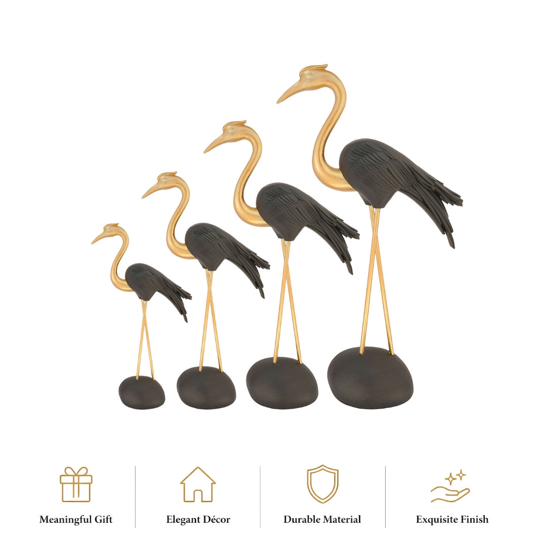 Black & Gold Crane Bird Polyresin Decorative Showpiece Set of 4