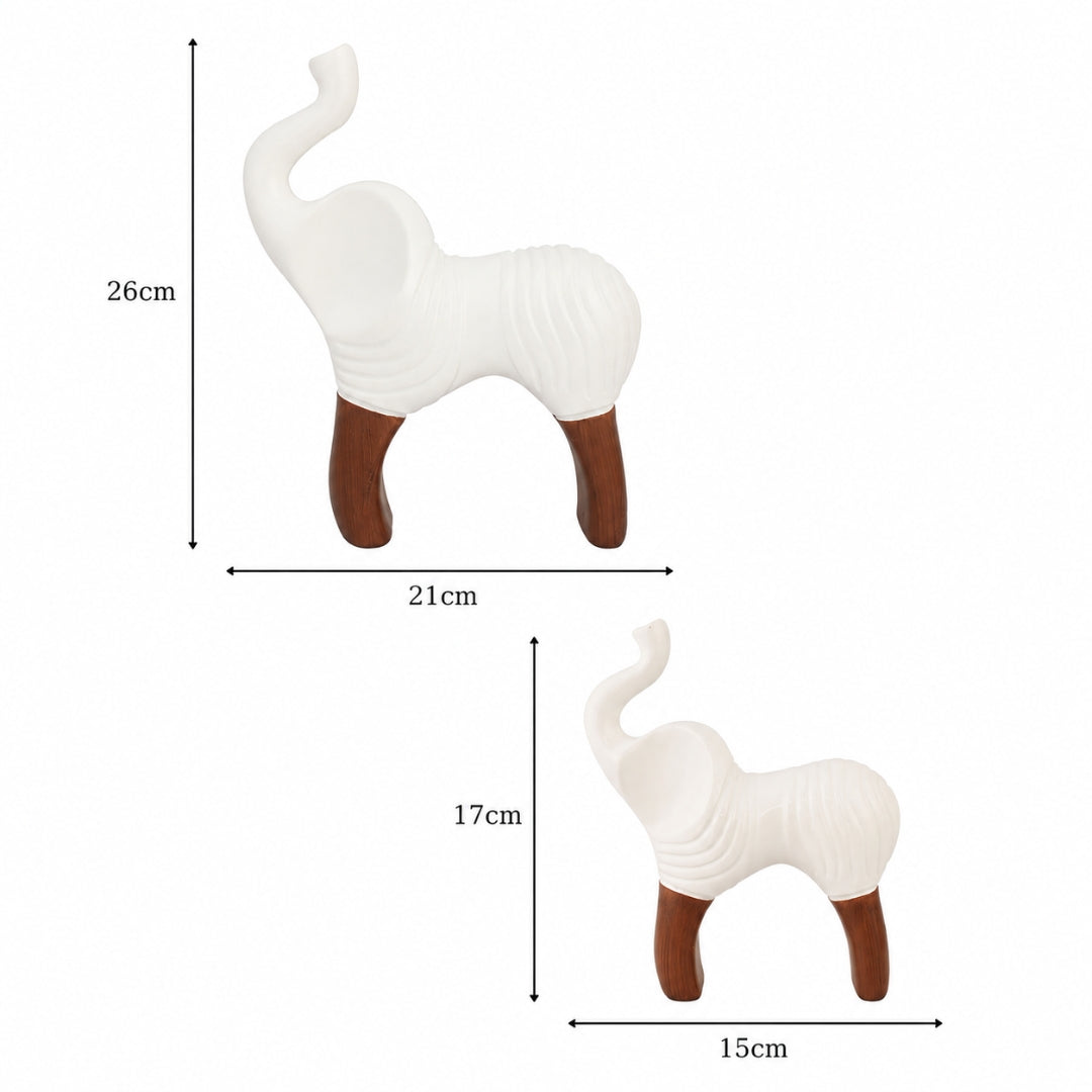 Elephant Figurine Set of 2, White Polyresin Sculpture with Wooden Legs