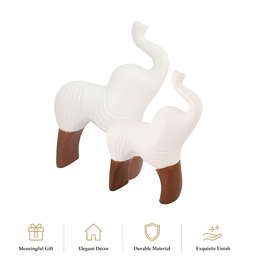 Elephant Figurine Set of 2, White Polyresin Sculpture with Wooden Legs