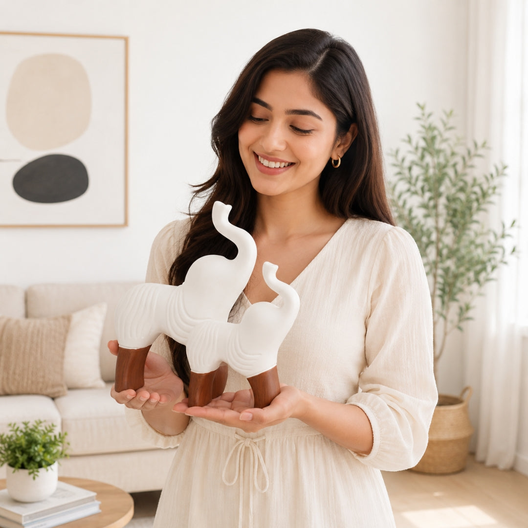 Elephant Figurine Set of 2, White Polyresin Sculpture with Wooden Legs