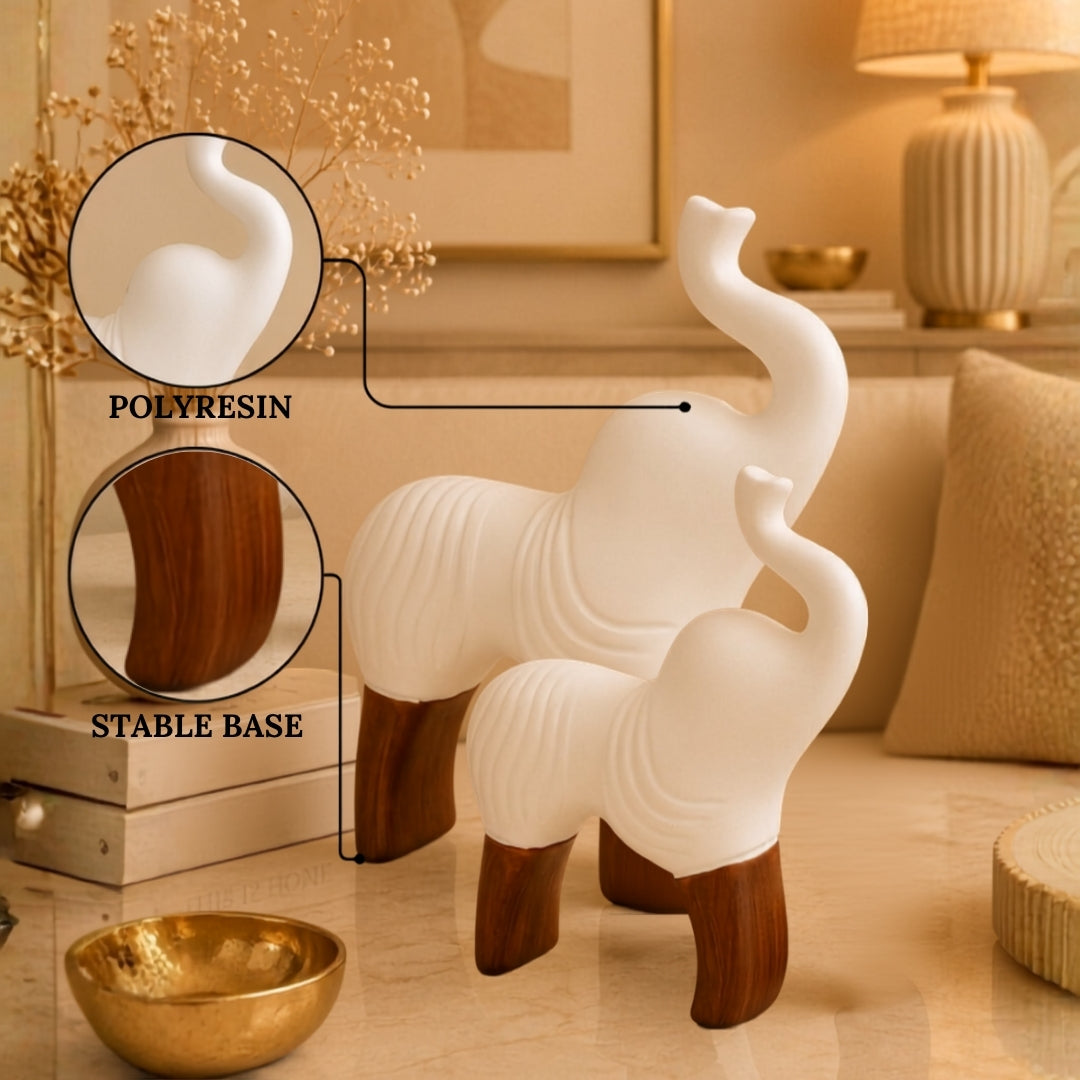 Elephant Figurine Set of 2, White Polyresin Sculpture with Wooden Legs