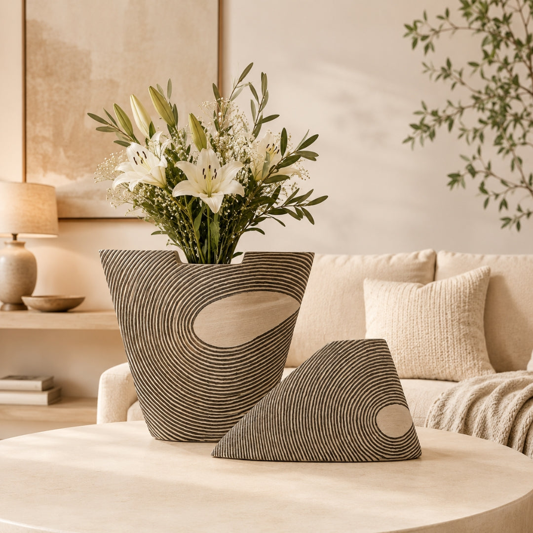 Abstract Spiral-Textured Polyresin Decorative Vase Set