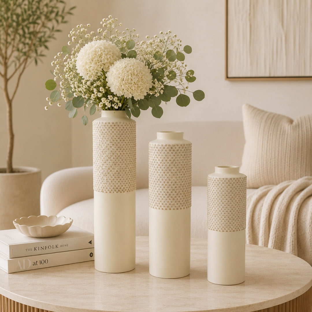 Ivory Textured Polyresin Cylinder Vases Set