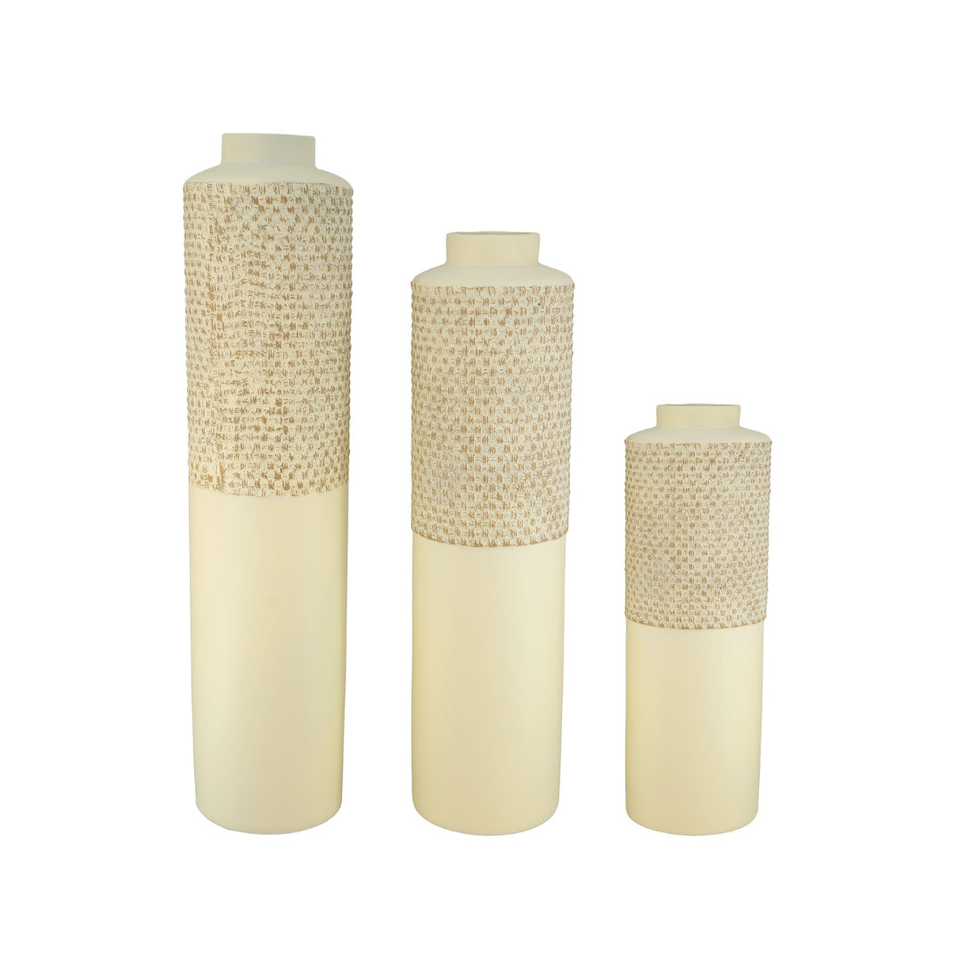 Ivory Textured Polyresin Cylinder Vases Set