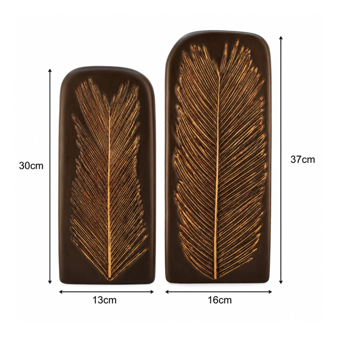 Feather-Embossed Polyresin Vases in Brown and Gold