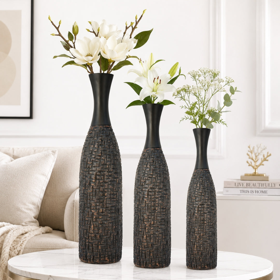 Textured Black & Antique Copper Polyresin Floor Vase Set