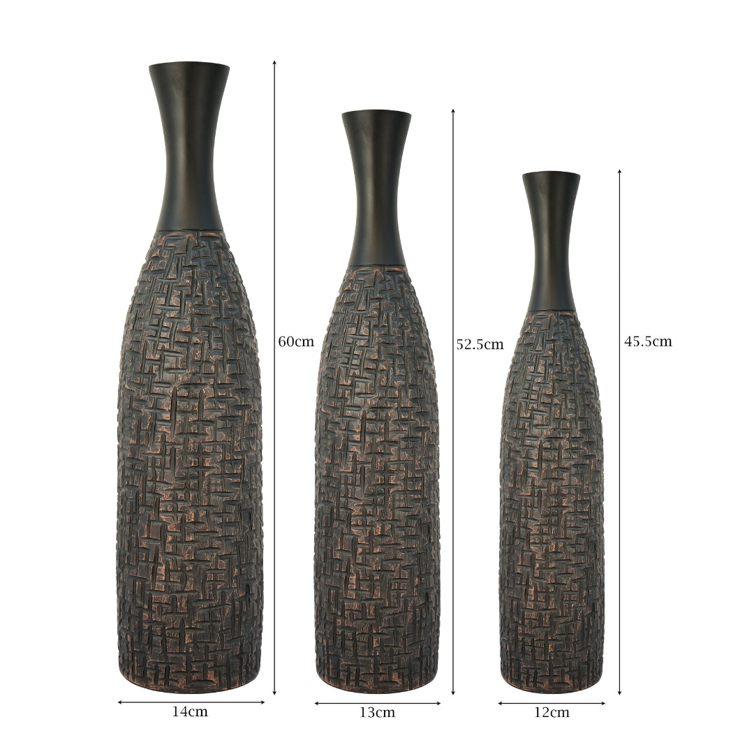 Textured Black & Antique Copper Polyresin Floor Vase Set
