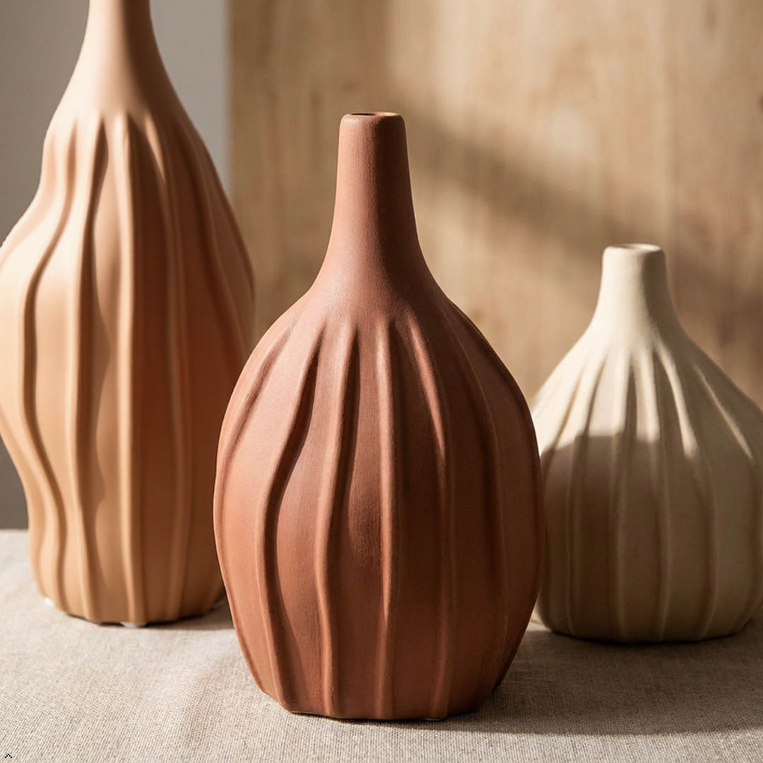 Earthy Ribbed Ceramic Vase